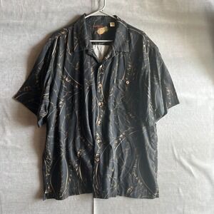 Caribbean XL Black Tan Leaf Print Silk Cotton Short Sleeve Button Shirt